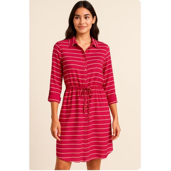 Collective Concepts Pink Striped Button Front Shirt Dress with Tie Waist M - Picture 1 of 8